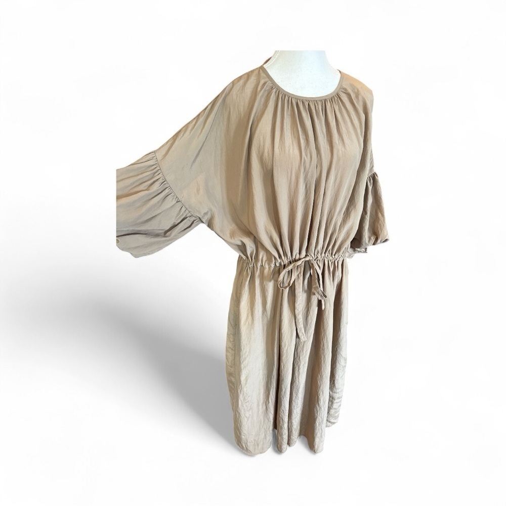 Deveaux New York Riley Beige Midi Dress Puff Sleeve Ruched Drawstring Waist L - Picture 4 of 9
